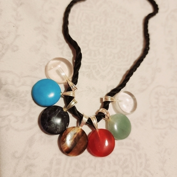 Seven Natural Stone Pendant Necklace on Black Rope Lobster Claw Clasp Quarts EUC - Picture 2 of 10